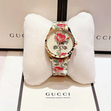 Gucci G Timeless Floral Gold Dial White Leather Strap Watch For Women - YA1264084 Authentic Buy Shop Now