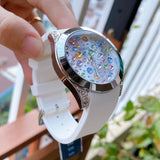 Guess Wanderlust Crystals Silver Dial White Rubber Strap Watch For Women - W1059L3 Authentic Buy Shop Now