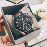 Guess Pinnacle Chronograph Quartz Blue Dial Brown Leather Strap Watch For Women - W0673G3 Authentic Buy Shop Now