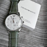 Emporio Armani Classic Chronograph Silver Dial Grey Leather Strap Watch For Men - AR1861 Authentic Buy Shop Now