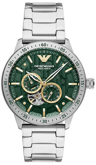 Emporio Armani Meccanico Chronograph Automatic Green Dial Silver Steel Strap Watch For Men - AR60053 Authentic Buy Shop Now