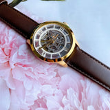 Fossil Townsman Automatic Skeleton Gold Dial Brown Leather Strap Watch for Men - ME3043 Authentic Buy Shop Now