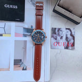 Guess Pinnacle Chronograph Quartz Blue Dial Brown Leather Strap Watch For Women - W0673G3 Authentic Buy Shop Now
