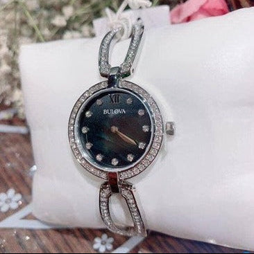 Bulova Crystal Black Mother of Pearl Dial Silver Steel Strap Watch for Women - 96L224 Authentic Buy Shop Now