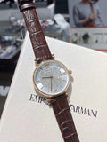 Emporio Armani Gianni T-Bar Silver Dial Brown Leather Strap Watch For Women - AR11269 Authentic Buy Shop Now