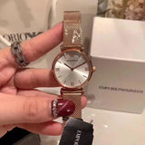 Emporio Armani Gianni T Bar Silver Dial Rose Gold Mesh Bracelet Watch For Women - AR1956 Authentic Buy Shop Now