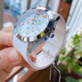 Guess Wanderlust Crystals Silver Dial White Rubber Strap Watch for Women - W1059L1 Authentic Buy Shop Now