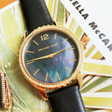 Michael Kors Layton Three Hand Mother of Pearl Black Dial Black Leather Strap Watch For Women - MK2911 Authentic Buy Shop Now