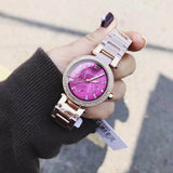 Michael Kors Mini Parker Multi-Function Plum Mother of Pearl Dial Rose Gold Steel Strap Watch For Women - MK6403 Authentic Buy Shop Now