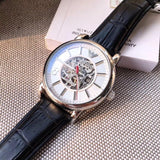 Emporio Armani Meccanico Silver Skeleton Dial Black Leather Watch For Men - AR1997 Authentic Buy Shop Now