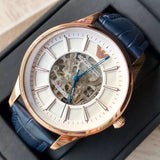 Emporio Armani Meccanico Automatic White Dial Blue Leather Strap Watch For Men - AR1947 Authentic Buy Shop Now