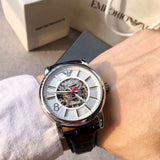 Emporio Armani Meccanico Silver Skeleton Dial Black Leather Watch For Men - AR1997 Authentic Buy Shop Now