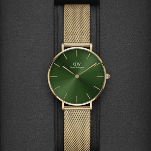 Daniel Wellington Petite Emerald Green Dial Gold Mesh Strap Watch For Women - DW00100480 Authentic Buy Shop Now