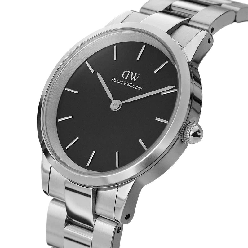 Daniel Wellington Iconic Link Black Dial Silver Steel Strap Watch for Women - DW00100204 Authentic Buy Shop Now