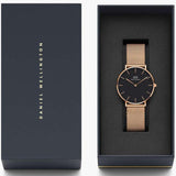 Daniel Wellington Petite Melrose Black Dial Rose Gold Mesh Strap Watch For Women - DW00100303 Authentic Buy Shop Now