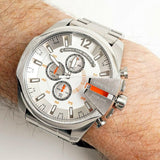 Diesel Mega Chief Chronograph White Dial Silver Steel Strap Watch For Men - DZ4328 Authentic Buy Shop Now