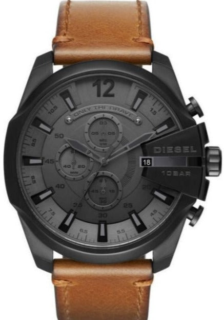 Diesel Mega Chief Chronograph Grey Dial Brown Leather Strap Watch For Men - DZ4463 Authentic Buy Shop Now