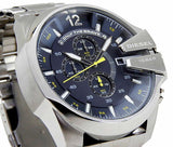 Diesel Mega Chief Chronograph Blue Dial Silver Steel Strap Watch For Men - DZ4465 Authentic Buy Shop Now