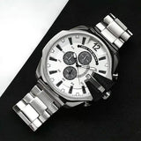 Diesel Mega Chief Chronograph Silver Dial Silver Steel Strap Watch For Men - DZ4501 Authentic Buy Shop Now