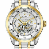 Bulova BVA Skeleton Silver Dial Two Tone Steel Strap Watch for Men - 98A123 Authentic Buy Shop Now
