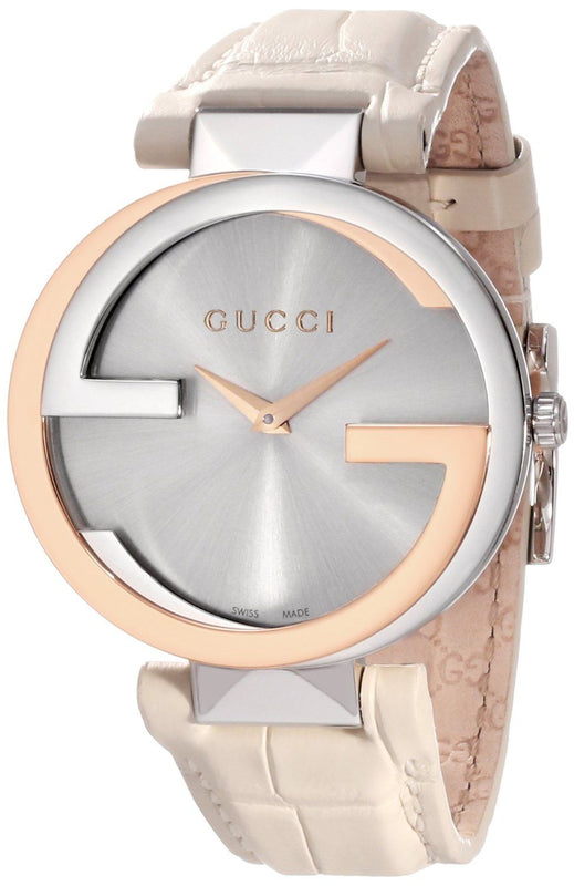 Gucci Interlocking 18K Gold Silver Dial White Leather Strap Watch For Women - YA133303 Authentic Buy Shop Now