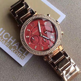 Michael Kors Parker Chronograph Red Dial Rose Gold Steel Strap Watch For Women - MK6106 Authentic Buy Shop Now