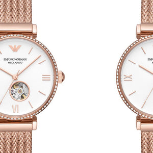 Emporio Armani Meccanico Automatic White Dial Rose Gold Mesh Strap Watch For Women - AR60063 Authentic Buy Shop Now