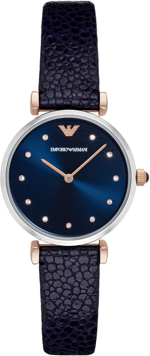 Emporio Armani Gianni T Bar Analog Blue Dial Black Leather Strap Watch For Women - AR1989 Authentic Buy Shop Now