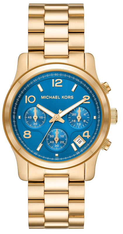 Michael Kors Runway Chronograph Blue Dial Gold Steel Strap Watch For Women - MK7353 Authentic Buy Shop Now