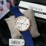 Guess Solar White Rose Gold Dial Blue Rubber Strap Watch For Women - W1135L3 Authentic Buy Shop Now