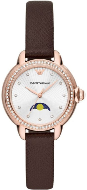 Emporio Armani Mia Moonphase Silver Dial Brown Leather Strap Watch For Women - AR11568 Authentic Buy Shop Now