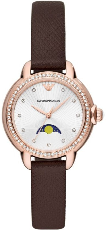 Emporio Armani Mia Moonphase Silver Dial Brown Leather Strap Watch For Women - AR11568 Authentic Buy Shop Now