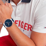 Tommy Hilfiger Justin Chronograph Blue Dial Blue Rubber Strap Watch for Men - 1792057 Authentic Buy Shop Now