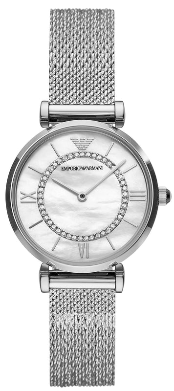 Emporio Armani Gianni T-Bar Quartz Mother of Pearl Dial Silver Mesh Bracelet Watch For Women - AR11319 Authentic Buy Shop Now