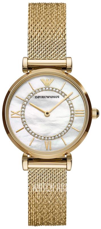Emporio Armani Gianni T Bar Mother of Pearl Dial Gold Mesh Bracelet Watch For Women - AR11321 Authentic Buy Shop Now