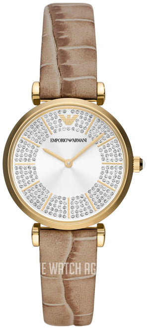 Emporio Armani Gianni T Bar Crystals Silver Dial Brown Leather Strap Watch For Women - AR11518 Authentic Buy Shop Now