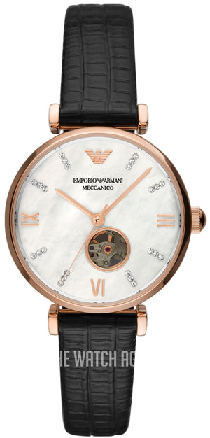 Emporio Armani Gianni T Bar Mother of Pearl White Dial Black Leather Strap Watch For Women - AR60047 Authentic Buy Shop Now