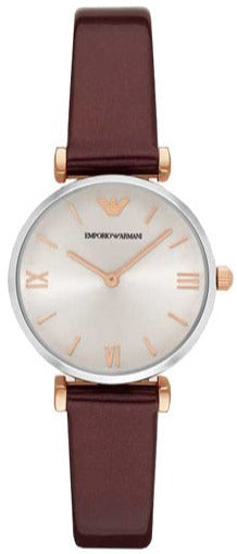 Emporio Armani Gianni T-Bar Quartz Silver Dial Brown Leather Strap Watch For Women - AR11061 Authentic Buy Shop Now