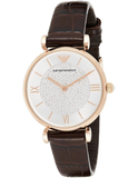 Emporio Armani Gianni T-Bar Silver Dial Brown Leather Strap Watch For Women - AR11269 Authentic Buy Shop Now