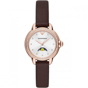Emporio Armani Mia Moonphase Silver Dial Brown Leather Strap Watch For Women - AR11568 Authentic Buy Shop Now