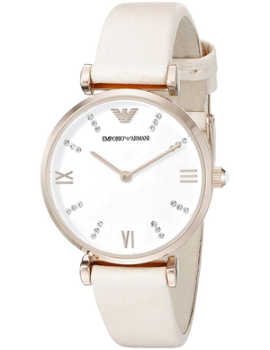 Emporio Armani Gianni T Bar Quartz White Dial Beige Leather Strap Watch For Women - AR1927 Authentic Buy Shop Now