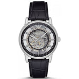 Emporio Armani Luigi Silver Skeleton Dial Black Leather Strap Watch For Men - AR1981 Authentic Buy Shop Now