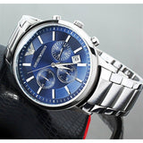 Emporio Armani Renato Chronograph Blue Dial Silver Steel Strap Watch For Men - AR2448 Authentic Buy Shop Now