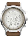 Emporio Armani Classic Chronograph Silver Dial Brown Leather Strap Watch For Men - AR2471 Authentic Buy Shop Now