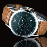 Emporio Armani Renato Chronograph Green Dial Brown Leather Strap Watch For Men - AR2493 Authentic Buy Shop Now