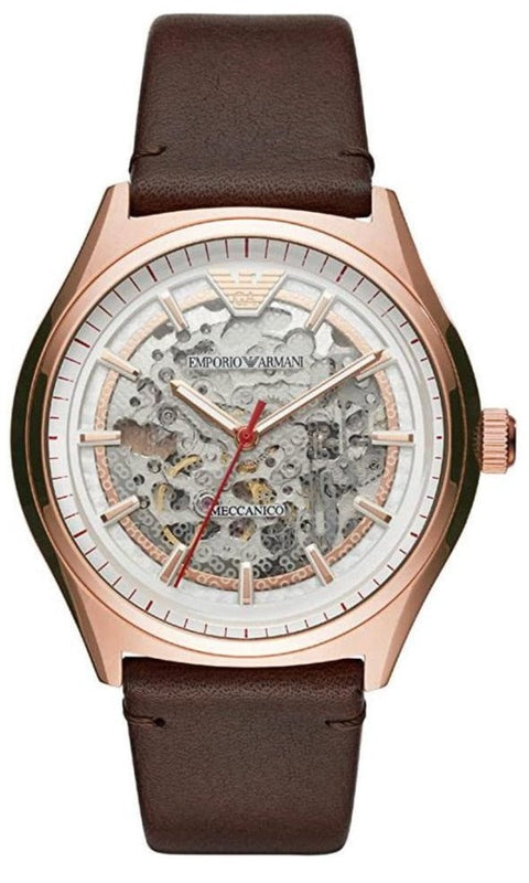 Emporio Armani Meccanico White Skeleton Dial Brown Leather Strap Watch For Men - AR60005 Authentic Buy Shop Now