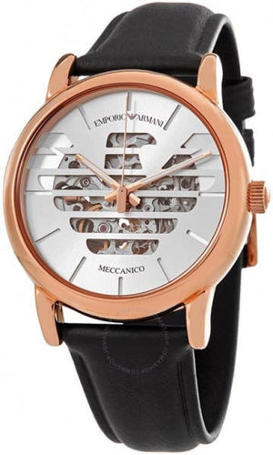 Emporio Armani Meccanico Skeleton Silver Dial Black Leather Strap Watch For Men - AR60031 Authentic Buy Shop Now