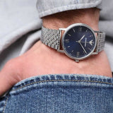 Emporio Armani Kappa Quartz Blue Dial Silver Steel Strap Watch For Men - AR80010 Authentic Buy Shop Now
