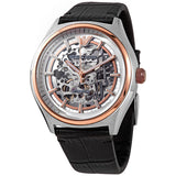 Emporio Armani Zeta Skeleton Automatic Silver Dial Black Leather Strap Watch For Men - AR60018 Authentic Buy Shop Now