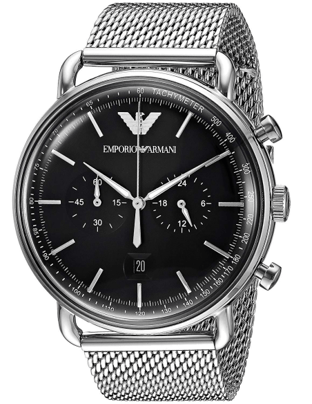 Emporio Armani Chronograph Black Dial Silver Mesh Bracelet Watch For Men - AR11104 Authentic Buy Shop Now